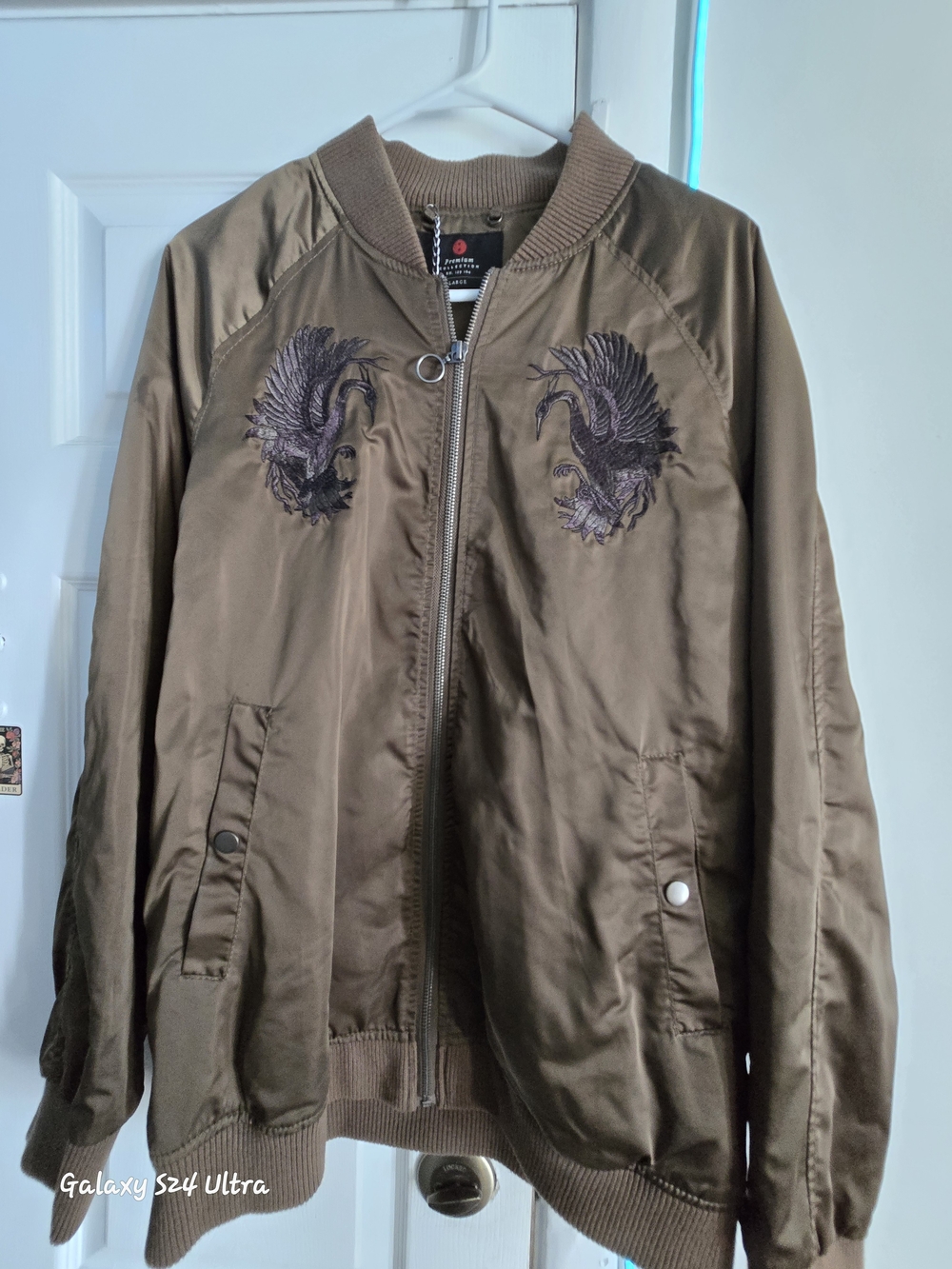 Olive Green Embroidered Bomber Jacket Size Large